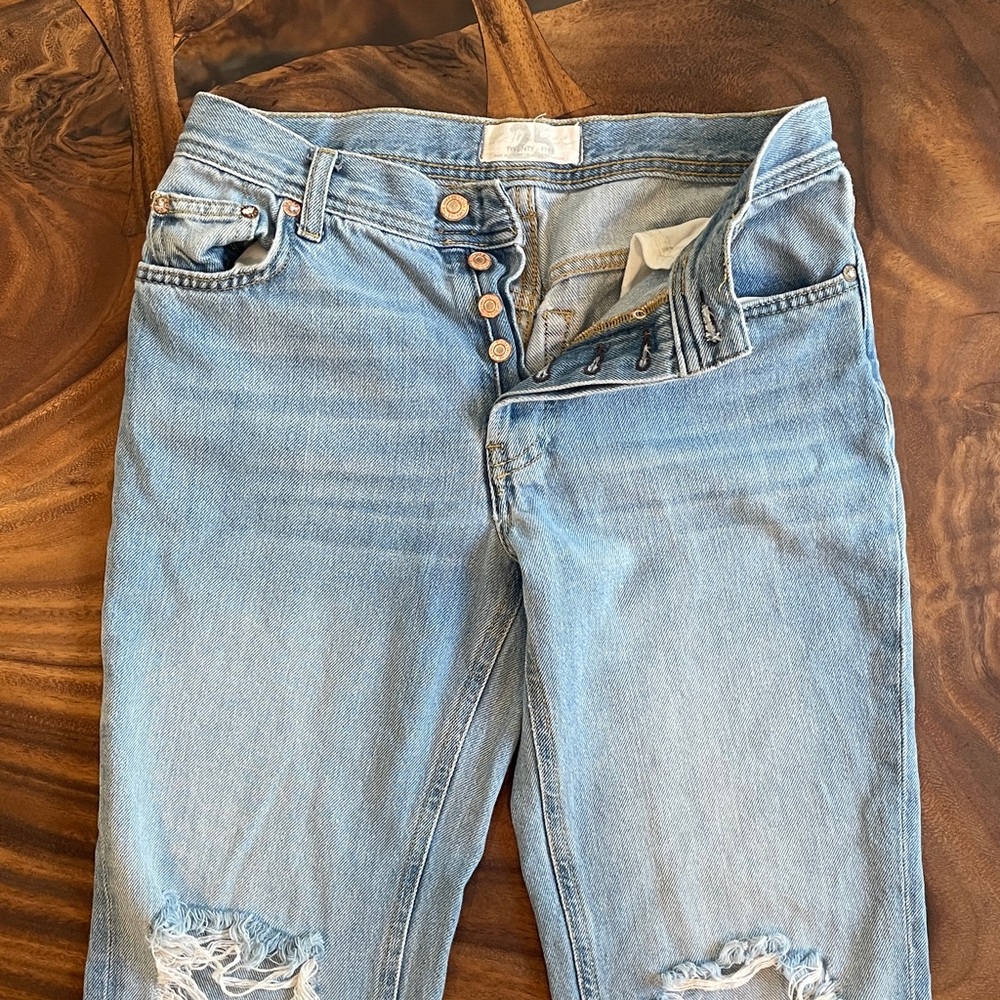 We The Free Light Blue Straight Leg Distressed Hem Jeans